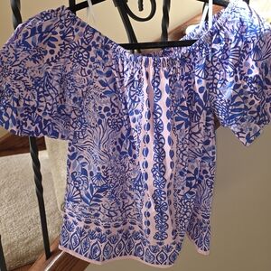 Lilly Pulitzer Blue and Pink Off-Shoulder Blouse
